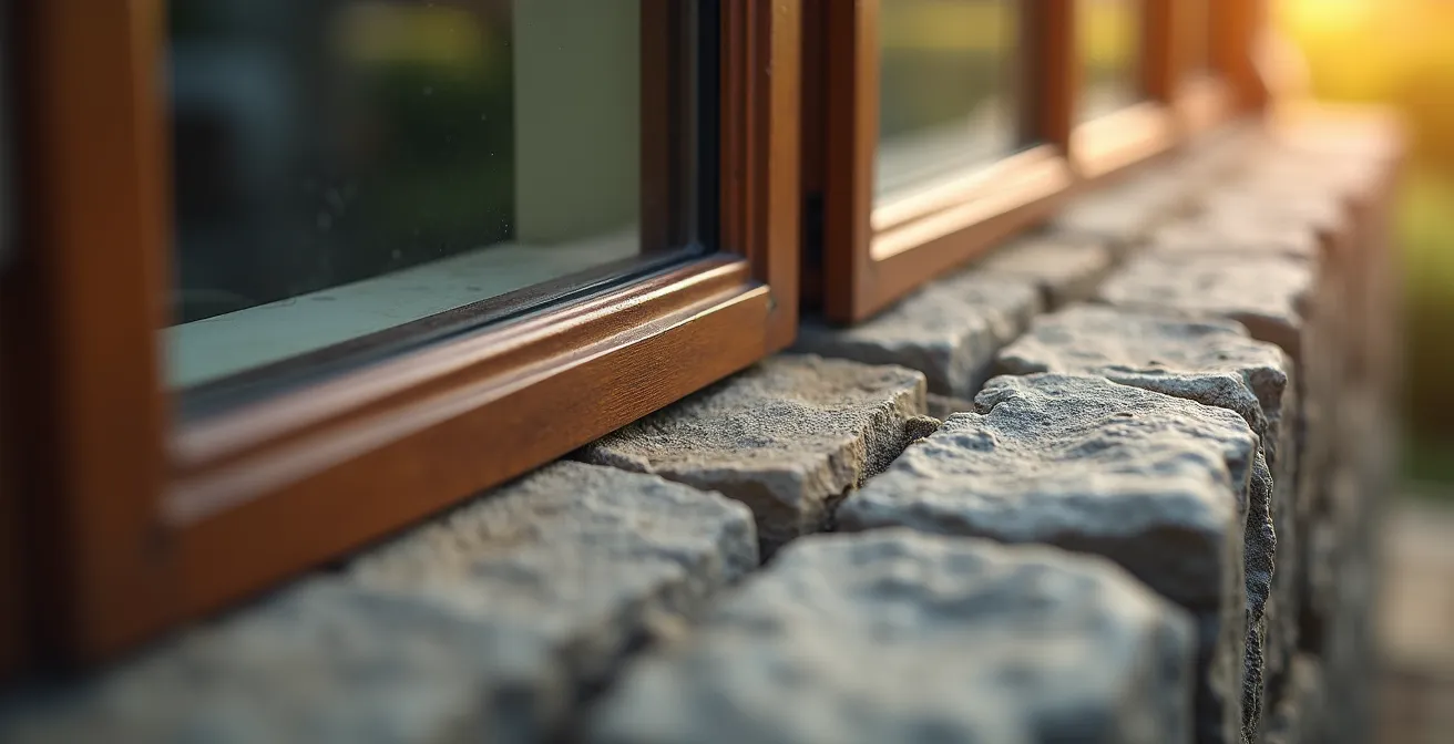 Gros plan sur l'ajustement millimétré d'un volet composite dans son encadrement