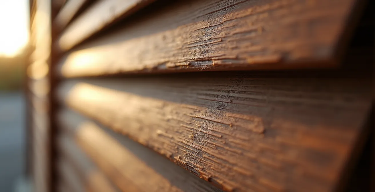 Détail macro de la texture d'un volet composite montrant le grain du bois
