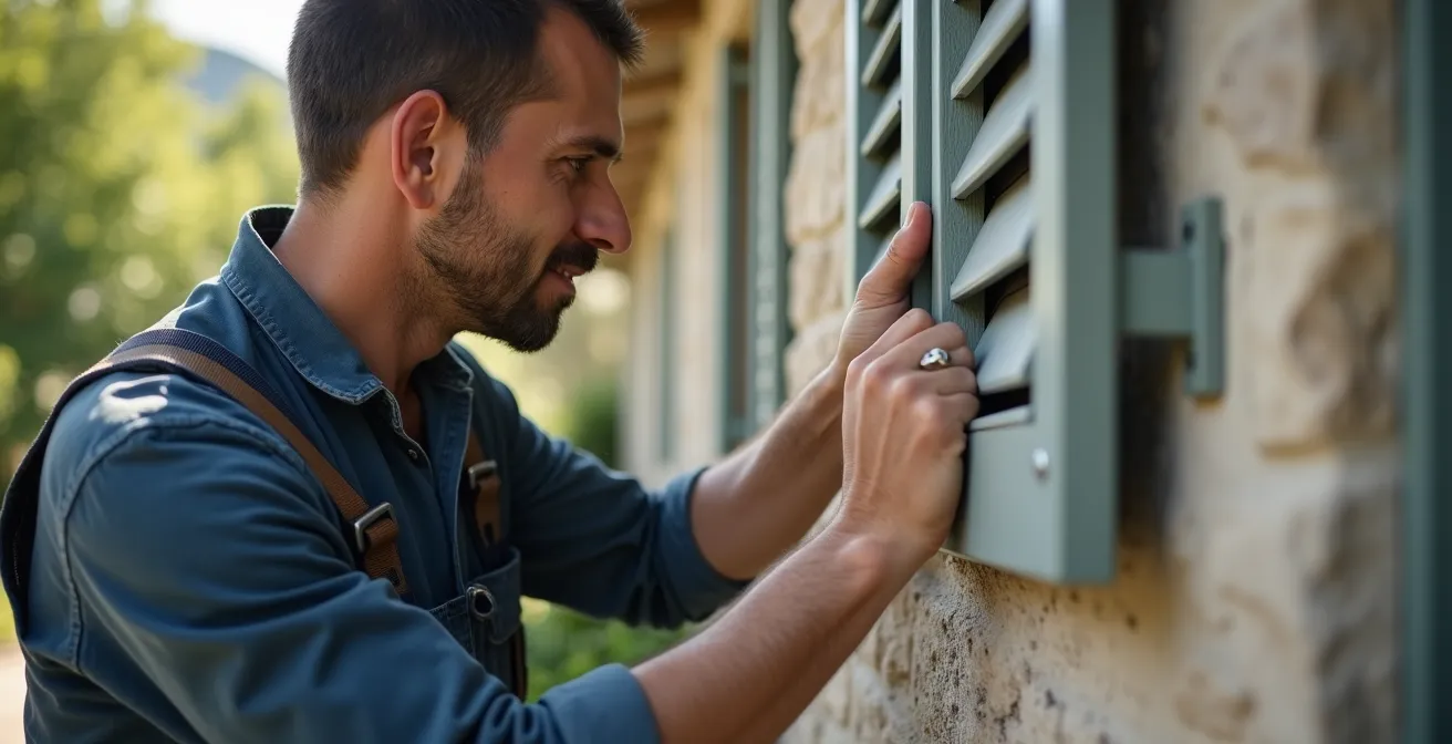 Artisan installant des volets composite sur façade en pierre