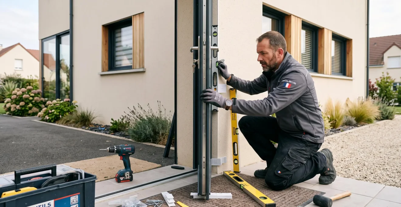 Artisan menuisier professionnel installant un bloc-porte d'entrée blindé métallique gris anthracite sur le seuil d'une maison pavillonnaire française, avec huisserie renforcée visible et outils de pose au sol