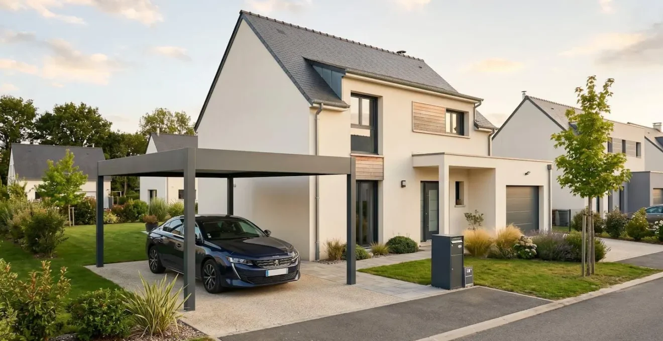 Carport aluminium anthracite moderne abritant une berline familiale devant maison contemporaine française avec crépi clair