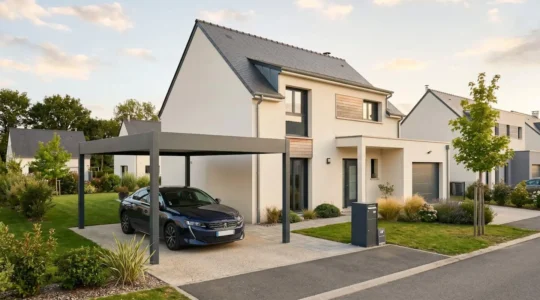 Carport aluminium anthracite moderne abritant une berline familiale devant maison contemporaine française avec crépi clair