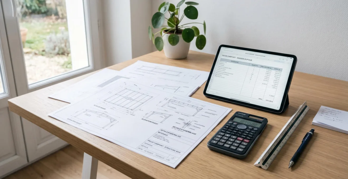 Documents de chiffrage et plans techniques sur bureau d'architecte pour comparaison coûts carport