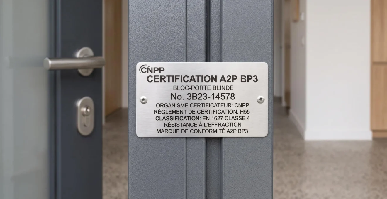 Plaque métallique de certification A2P BP3 avec logo CNPP fixée sur montant d'une porte d'entrée blindée grise, attestant du niveau de résistance maximale aux effractions