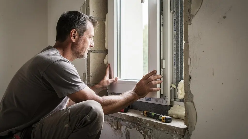 Window installation specialist fitting a double-glazed window frame in a French home