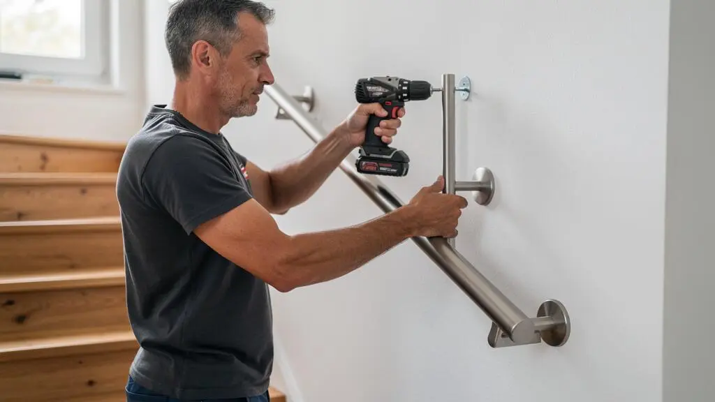 Professional installer mounting a stainless steel handrail on a staircase wall in a French home
