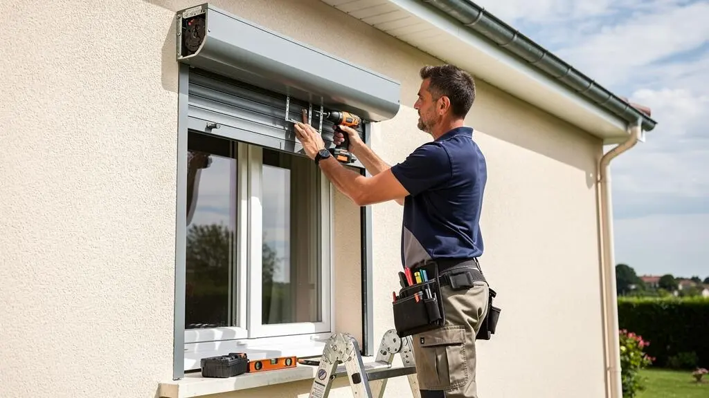 Professional installer mounting an exterior roller shutter on a French house facade