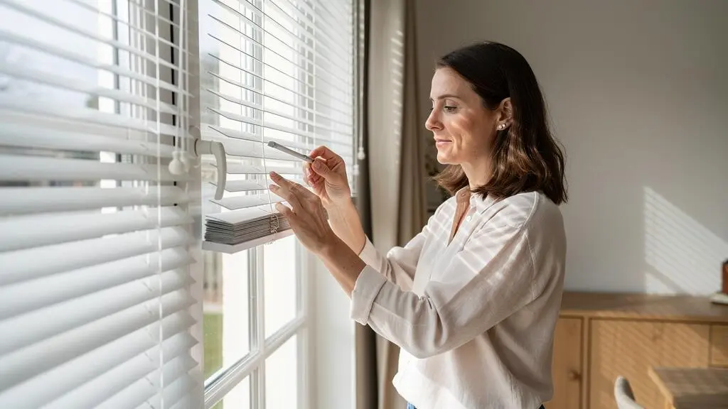 Person adjusting venetian blind slats to control natural light in a French living room